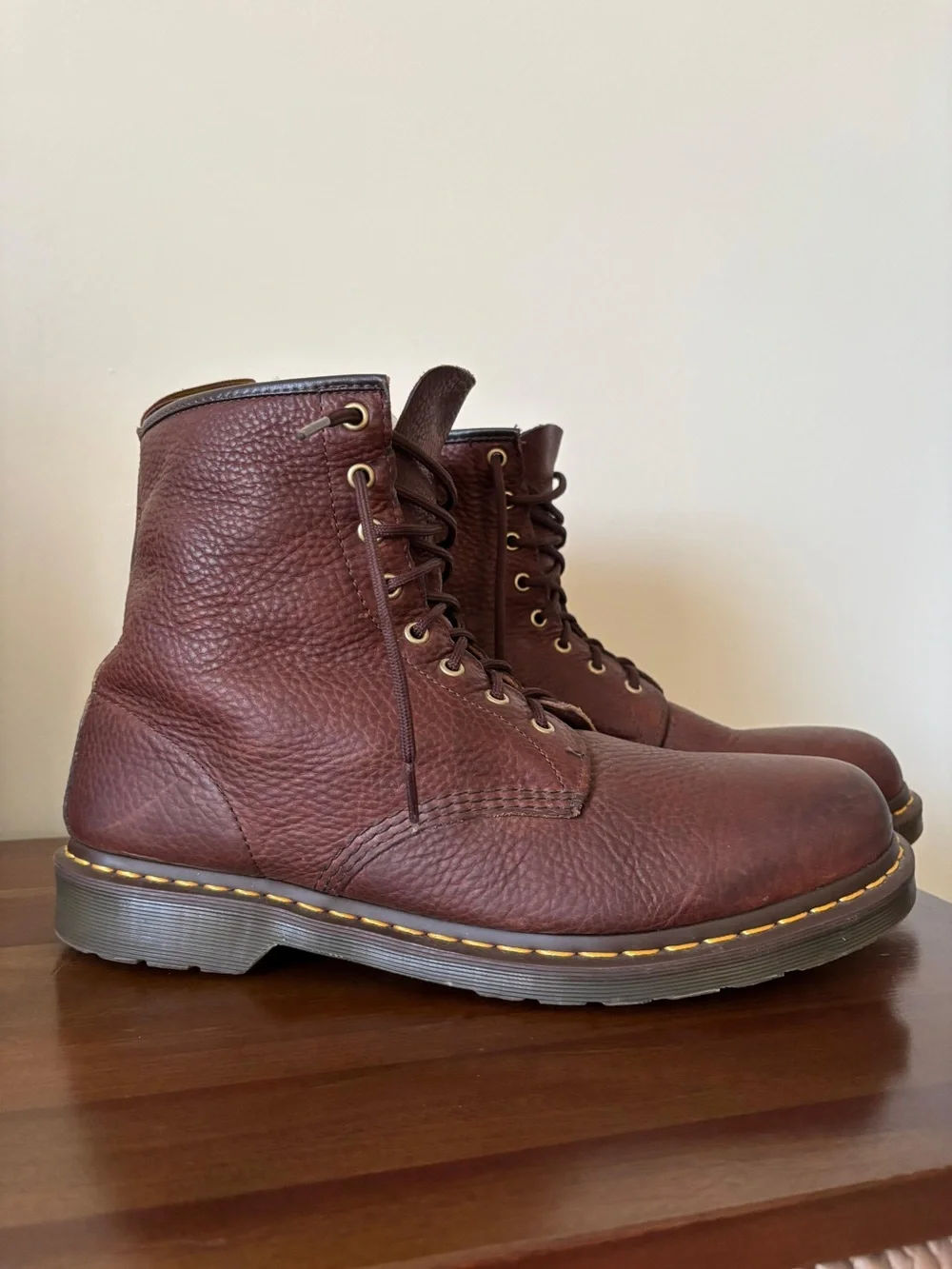 Dr. Martens Brown Leather Lace-Up Work Boots with Yellow Stitching